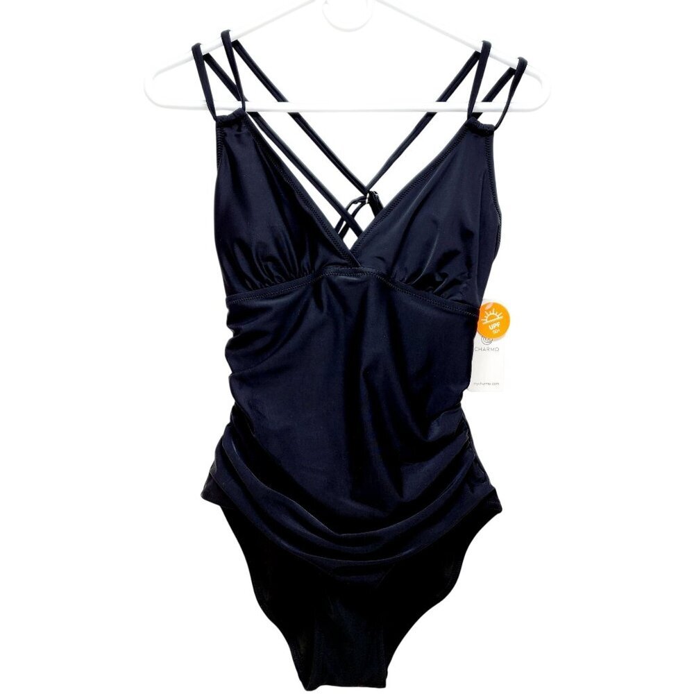 Charmo Black Strappy Ruched One-Piece Swimsuit Size XS  With UPF Sun Protection